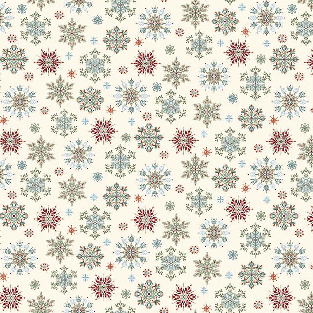 Henry Glass Nordic Holiday Village ~ Cream Multi Snowflakes: 3605-11