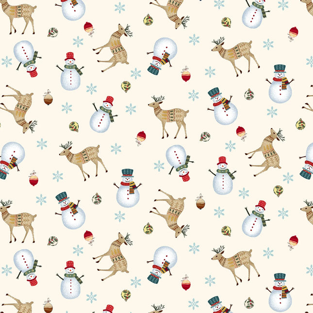 Henry Glass Nordic Holiday Village ~ Cream Multi Snowmen & Reindeer: 3607-44