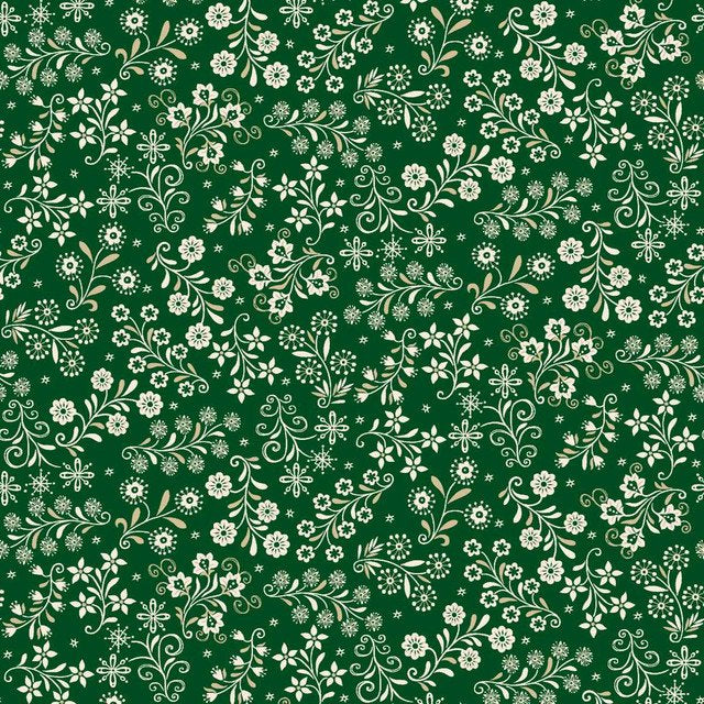 Henry Glass Nordic Holiday Village ~ Green Cream Floral: 3610-66