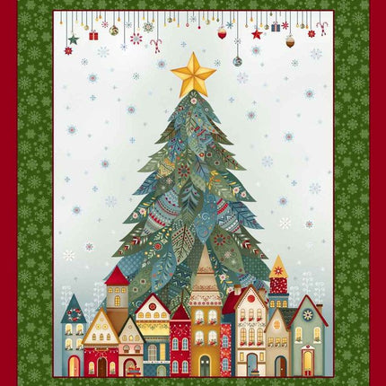 Henry Glass Nordic Holiday Village ~ Ice Blue Multi 36" Christmas Tree Panel: 3614P-17
