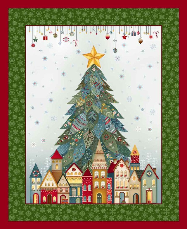 Henry Glass Nordic Holiday Village ~ Ice Blue Multi 36" Christmas Tree Panel: 3614P-17