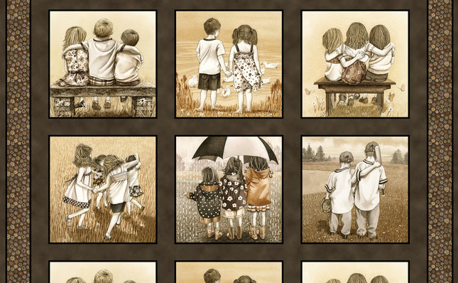 Elizabeths Studio Friends Forever Block Panel # 4333E-SEPIA