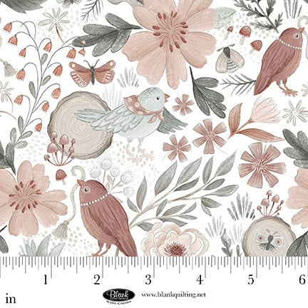 Blank Quilting Petals & Pewter Birds and Flowers - White 4574-01