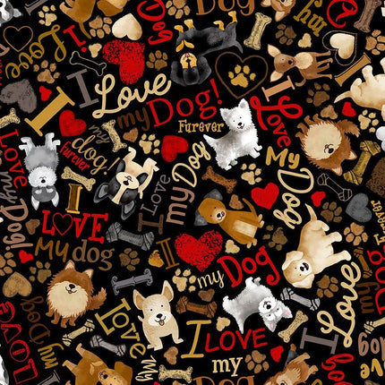 Timeless Treasures Dogs Rule TOSSED DOGS & WORDS DOG-CD3317  BLACK